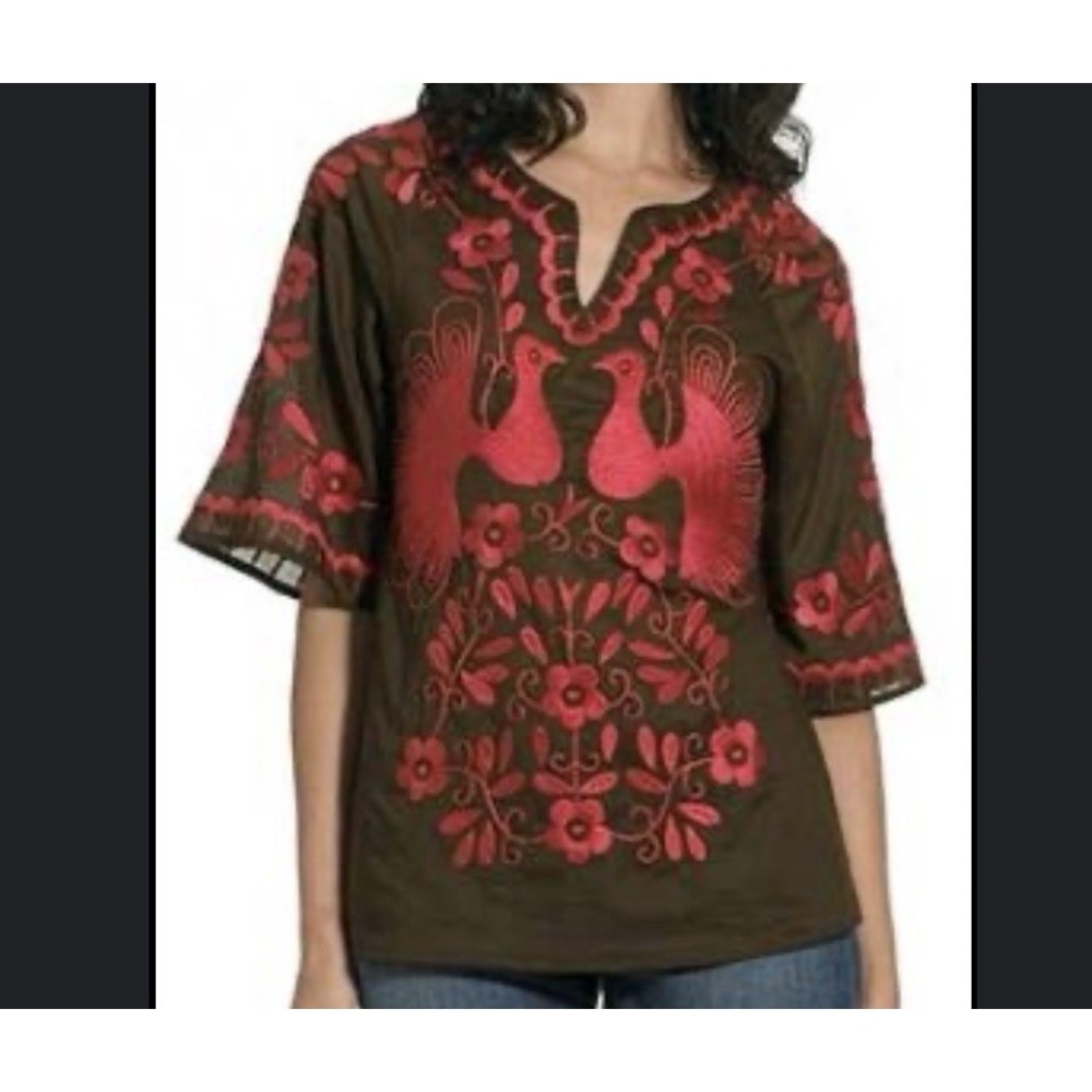 Tory Burch Peacock Embroidered Blouse‎ Top Size 2 Brown Orange 100% Cotton Boho